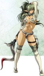 Rule 34 | 1girl, absurdres, armor, breasts, cleavage, echidna (queen&#039;s blade), elf, green hair, highres, pointy ears, queen&#039;s blade, red eyes, rin-sin, snake, solo, standing, sword, weapon
