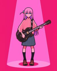 Rule 34 | 1girl, black socks, blue eyes, bocchi the rock!, brown footwear, closed mouth, colored skin, cube hair ornament, eyes visible through hair, full body, gotoh hitori, grey skirt, guitar, hair between eyes, hair ornament, half-closed eyes, hands up, highres, holding, holding instrument, instrument, jacket, long hair, long sleeves, looking at viewer, miyoshi yoshimi, multicolored hair, music, pink background, pink hair, pink jacket, pink skin, pink theme, playing instrument, puffy long sleeves, puffy sleeves, purple hair, shaded face, shadow, shoes, sidelocks, simple background, skirt, socks, solo, stage lights, standing, track jacket, two-tone hair, zipper