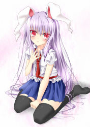 Rule 34 | 1girl, animal ears, bad id, bad pixiv id, black thighhighs, blush, colored eyelashes, expressionless, female focus, hand on own chest, long hair, looking at viewer, necktie, open mouth, pink hair, puffy sleeves, rabbit ears, red eyes, red necktie, reisen udongein inaba, short sleeves, solo, tetsu tissue, thighhighs, touhou, very long hair