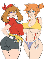 Rule 34 | 2girls, adapted costume, ass, asymmetrical hair, bare legs, bike shorts, blue eyes, blush, breasts, brown hair, condom, cowboy shot, creatures (company), dd (giogio99), denim, denim shorts, game freak, green eyes, green hair, gym leader, highres, huge breasts, large breasts, legs, legs together, may (pokemon), misty (pokemon), multiple girls, navel, nintendo, nipples, open mouth, orange hair, pokemon, pokemon (anime), pokemon (classic anime), pokemon rse, ponytail, red hair, shirt, short hair, short shorts, shorts, side ponytail, simple background, smile, suspenders, symbol-shaped pupils, tank top, thick thighs, thighs, underboob, white background, wide hips, yellow shirt, yellow tank top