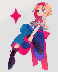 Rule 34 | 1girl, :o, alice margatroid, back bow, bad id, bad tumblr id, black footwear, blonde hair, blue dress, blue eyes, blunt bangs, boots, bow, bowtie, capelet, cross-laced footwear, daizu (melon-lemon), dress, empty eyes, facing viewer, from side, full body, grey background, hairband, hand on own leg, high collar, highres, invisible chair, jitome, knee boots, knee up, leg up, long dress, looking away, parted lips, pink bow, pink bowtie, pink hairband, pink ribbon, red hairband, ribbon, sash, shoelaces, short hair, simple background, sitting, solo, sparkle, swept bangs, touhou, two-sided fabric, white capelet