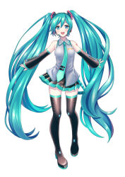 Rule 34 | 1girl, akiyoshi (tama-pete), aqua belt, aqua eyes, aqua hair, aqua nails, aqua necktie, arms at sides, bare shoulders, belt, black footwear, black skirt, black sleeves, boots, breasts, collared shirt, contrapposto, detached sleeves, dot nose, fingernails, full body, grey shirt, hatsune miku, headset, light blush, long hair, looking at viewer, loose belt, medium breasts, necktie, number tattoo, open mouth, pleated skirt, shirt, shoulder tattoo, simple background, skirt, sleeveless, sleeveless shirt, smile, solo, standing, tattoo, thigh boots, thighhighs, tie clip, twintails, very long hair, vocaloid, white background, wide sleeves, zettai ryouiki