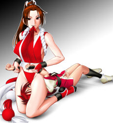 Rule 34 | 1boy, 1girl, age difference, ass, bad source, bare shoulders, breasts, brown eyes, brown hair, censored, cleavage, clothes in mouth, folding fan, full body, gloves, hand fan, high ponytail, hisame shizumaru, holding, japanese clothes, kneeling, large breasts, long hair, looking at viewer, mokkouyou bond, mosaic censoring, ninja, panties, pelvic curtain, penis, ponytail, red eyes, red hair, red panties, revealing clothes, rope, samurai spirits, shiranui mai, sideboob, simple background, sitting, sitting on face, sitting on person, smile, snk, tabi, the king of fighters, thighs, underwear, white background
