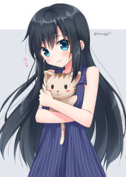 Rule 34 | 1girl, asashio (kancolle), bad id, bad pixiv id, bare arms, bare shoulders, black hair, blue dress, blue eyes, blush, closed mouth, commentary request, dress, grey background, hair between eyes, heart, hoshino kagari, hugging object, kantai collection, long hair, sleeveless, sleeveless dress, smile, solo, striped clothes, striped dress, stuffed animal, stuffed cat, stuffed toy, translation request, twitter username, two-tone background, vertical-striped clothes, vertical-striped dress, very long hair, white background