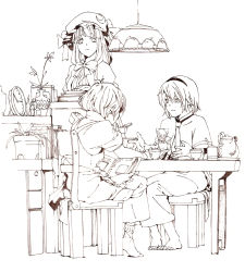 Rule 34 | 3girls, alice margatroid, barefoot, book, brown theme, chair, cup, female focus, graphite (medium), highres, kirisame marisa, monochrome, mtmy, multiple girls, patchouli knowledge, plant, shanghai doll, sitting, table, teacup, teapot, touhou, traditional media
