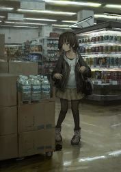 Rule 34 | 1girl, annda girl (shion (mirudakemann)), bag, beer can, black hair, black jacket, black pantyhose, boots, bottle, box, brown eyes, brown skirt, can, cardboard box, ceiling light, child, clothes writing, drawstring, drink can, grey footwear, hair between eyes, highres, hood, hood down, hooded jacket, indoors, jacket, long sleeves, looking away, looking to the side, muted color, open clothes, open jacket, original, pantyhose, pleated skirt, roomscape, sapporo beer, shion (mirudakemann), shirt, shop, short hair, shoulder bag, skirt, solo, standing, water bottle, white shirt