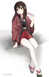 Rule 34 | 10s, 1girl, akagi (kancolle), brown eyes, brown hair, closed mouth, dango, eyebrows, floral print, food, full body, hakama, hakama short skirt, hakama skirt, hanten (clothes), haori, holding, holding food, ica, japanese clothes, kantai collection, long hair, long sleeves, looking to the side, muneate, sandals, sidelocks, simple background, sitting, skirt, smile, solo, thighhighs, twitter username, wagashi, white background, white thighhighs, zettai ryouiki