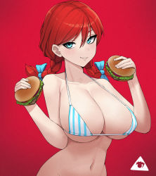 Rule 34 | 1girl, bikini, braid, breasts, burger, cleavage, donburi (donburikazoku), fast food, food, freckles, highres, holding, holding food, large breasts, long hair, looking at viewer, navel, pinstripe pattern, product girl, red background, red hair, simple background, skindentation, smile, smug, solo, striped bikini, striped clothes, swimsuit, twin braids, upper body, vertical stripes, wendy&#039;s, wendy (wendy&#039;s)