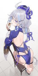 Rule 34 | 1girl, absurdres, ahoge, alternate costume, anklet, arched back, ass, back, back cutout, backless dress, backless outfit, baozi, bare back, bare legs, berserker r, blue eyes, braid, breasts, bridal gauntlets, chair, clothing cutout, dress, earrings, feet, flats, food, from above, from behind, furina (genshin impact), genshin impact, hair ribbon, hat, heterochromia, highres, holding, jewelry, jiangshi costume, leg up, long hair, long sleeves, looking at viewer, looking back, median furrow, medium breasts, multicolored hair, no bra, no panties, open mouth, pelvic curtain, purple dress, purple eyes, purple hat, qingdai guanmao, ribbon, side-tie skirt, simple background, single braid, soles, solo, streaked hair, tassel, tassel earrings, thigh strap, thighs, toes, very long hair, white background, white hair, wide sleeves