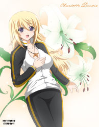 Rule 34 | 10s, 1girl, :d, artist name, blonde hair, character name, charlotte dunois, dated, flower, green eyes, infinite stratos, jacket, jewelry, long hair, looking at viewer, open mouth, pendant, smile, solo, the-sinner, track jacket, track suit