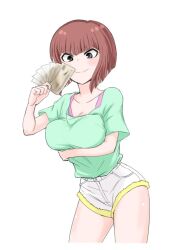 Rule 34 | 1girl, alternate eye color, arm under breasts, bakemono seinen, banknote, blunt bangs, blunt ends, blush, bob cut, breasts, brown hair, cleavage, closed mouth, collarbone, commentary, contrapposto, cowboy shot, cropped legs, cutoffs, green shirt, grey eyes, hair between eyes, hand up, holding, holding money, inverted bob, large breasts, leaning forward, light blush, looking at object, money, pink shirt, ranma 1/2, shirt, short hair, short shorts, short sleeves, shorts, simple background, smile, solo, t-shirt, tendou nabiki, thighs, white background, white shorts