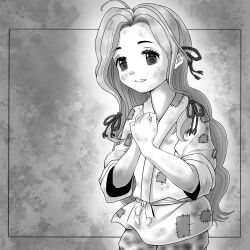 Rule 34 | 1girl, akiakane plto, clip studio paint (medium), dirty, dirty clothes, dirty face, do retry, greyscale, highres, izumi rin, long hair, monochrome, own hands together, rags, solo, standing, very long hair