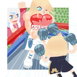 Rule 34 | 2girls, 3girls, arms up, bare arms, bare shoulders, blocking, blonde hair, blue hair, blush, boxing gloves, boxing ring, boxing shorts, cheering, gawr gura, highres, hololive, hololive english, medium hair, motion lines, multicolored hair, multiple girls, arm up, one eye closed, punching, rapid punches, sharp teeth, short hair, shorts, simple background, smol ame, souls4u, streaked hair, teeth, towel, towel around neck, virtual youtuber, watson amelia, white hair
