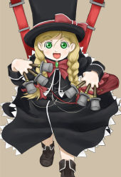 Rule 34 | 00s, 1girl, august (coyote ragtime show), beige background, black dress, blonde hair, bow, bowtie, braid, brooch, coyote ragtime show, dress, goth fashion, green eyes, hat, holding, jewelry, long sleeves, looking at viewer, pocket, red bow, red bowtie, short hair with long locks, simple background, solo, standing, top hat, twin braids