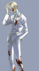 Rule 34 | 1boy, blonde hair, blood, blue background, cigarette, formal, grey background, hair over one eye, hand in pocket, injury, male focus, necktie, one piece, pants, sanji (one piece), simple background, smoking, solo, standing, suit, white pants, white suit
