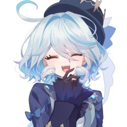Rule 34 | 1girl, antenna hair, ascot, black gloves, blue ascot, blue bow, blue brooch, blue coat, blue hair, blue hat, bow, closed eyes, coat, coat bow, commentary, dot nose, furina (genshin impact), furrowed brow, genshin impact, gloves, hair intakes, hand up, hat, highres, light blue hair, long hair, long sleeves, looking at viewer, mochizuki mochi, multicolored hair, ojou-sama pose, open clothes, open coat, open mouth, shirt, short shorts, shorts, simple background, smile, solo, teeth, top hat, two-tone hair, upper body, upper teeth only, very long hair, wavy hair, wavy mouth, white background, white gloves, white shirt, white shorts