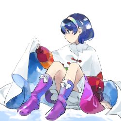 Rule 34 | 1girl, bloomers, blue eyes, blue hair, boots, bow, cape, cloak, dress, frills, hairband, kaigen 1025, multicolored clothes, multicolored hairband, patchwork clothes, pink footwear, rainbow gradient, red button, short hair, simple background, sitting, sky print, tenkyuu chimata, torn cape, torn clothes, touhou, two-sided cape, two-sided fabric, underwear, white background, white bow, white cape, white cloak, zipper