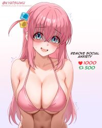 1girl absurdres artist_name blue_eyes blush bocchi_the_rock! bra breasts cube_hair_ornament gotoh_hitori hair_between_eyes hair_ornament highres kyatsuwu like_and_retweet long_hair looking_at_viewer medium_breasts one_side_up open_mouth patreon_username pink_bra pink_hair smile solo twitter_strip_game twitter_username underwear white_background