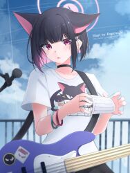Rule 34 | 1girl, absurdres, animal ears, black choker, black hair, blue archive, blush, breasts, cat ears, choker, collarbone, electric guitar, guitar, halo, highres, instrument, kazusa (band) (blue archive), kazusa (blue archive), mashiro arts, medium breasts, official alternate costume, open mouth, pink halo, red eyes, shirt, short hair, short sleeves, solo, uniform, watermark, web address, white shirt