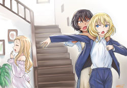 Rule 34 | 10s, 3girls, andou (girls und panzer), angry, apron, bad id, bad pixiv id, black hair, blazer, blonde hair, blue eyes, blue jacket, blue pants, blurry, blurry background, brown apron, brown eyes, commentary, dark-skinned female, dark skin, depth of field, dress shirt, dressing, dressing another, formal, girls und panzer, indoors, jacket, jewelry, lingerie, long hair, long sleeves, looking at another, marie (girls und panzer), married, multiple girls, negligee, open mouth, oshida (girls und panzer), pant suit, pants, ring, shirt, short hair, sleeves rolled up, solokov (okb-999), stairs, standing, suit, underwear, v-shaped eyebrows, wedding band, white shirt, wing collar, yawning, yuri
