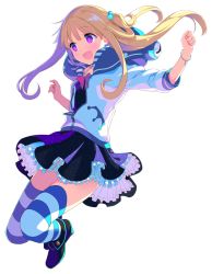 Rule 34 | 1girl, aquaplus, blonde hair, full body, hair bobbles, hair ornament, jacket, long hair, open mouth, purple eyes, skirt, sleeves past elbows, solo, striped clothes, striped thighhighs, tatami to hinoki, thighhighs, transparent background