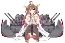 Rule 34 | 10s, 1girl, ahoge, bare shoulders, boots, brown hair, detached sleeves, fingersmile, grin, kantai collection, kongou (kancolle), mtu (orewamuzituda), purple eyes, sitting, smile, solo, thigh boots, thighhighs