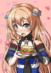 Rule 34 | 1girl, black gloves, blue shirt, brown eyes, commentary request, food, gloves, heart, heart background, johnston (kancolle), kantai collection, light brown hair, long hair, looking at viewer, mayura (lucadia), off shoulder, open mouth, orange eyes, pink background, plate, sailor collar, sandwich, school uniform, serafuku, shirt, single glove, solo, two side up, wavy mouth
