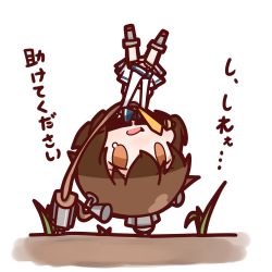 Rule 34 | 10s, 1girl, brown eyes, brown hair, covering privates, covering crotch, grass, highres, kantai collection, nuu (nu-nyu), open mouth, short hair, solo, tears, upside-down, yukikaze (kancolle)