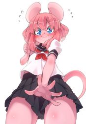 Rule 34 | 1girl, animal ears, black skirt, blush, clenched hand, covering privates, covering crotch, embarrassed, flying sweatdrops, furry, furry female, highres, mouse ears, mouse tail, nervous smile, original, outstretched arm, outstretched hand, pink hair, school uniform, serafuku, shirt, short hair, simple background, skirt, smile, solo, tail, thighs, white background, white shirt, yuuki (yuyuki000)