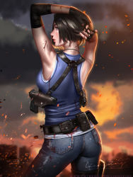 Rule 34 | 1girl, ammunition pouch, arms behind head, ass, bare shoulders, belt, belt pouch, black gloves, black hair, blood, blood on clothes, blurry, blurry background, breasts, capcom, cloud, cloudy sky, denim, depth of field, embers, fingerless gloves, from behind, gloves, gun, handgun, hands in hair, highres, injury, jeans, jill valentine, liang xing, looking at viewer, looking back, medium breasts, outdoors, pants, parted lips, pouch, resident evil, resident evil 3, resident evil 3: nemesis, resident evil 3 (remake), short hair, signature, sky, solo, tank top, tight clothes, tight pants, weapon, weapon request
