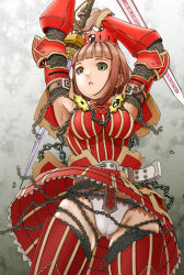 Rule 34 | 1girl, armor, armored dress, armpits, brown hair, capcom, chain, green eyes, md5 mismatch, monster hunter (series), panties, pantyshot, resolution mismatch, solo, source larger, sword, teostra (armor), thighhighs, underwear, upskirt, v-mag, weapon, white panties, wind, wind lift