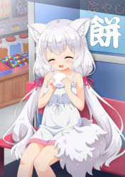 Rule 34 | 1girl, animal ear fluff, animal ears, bench, candy store, dress, eating, closed eyes, highres, long hair, low twintails, open mouth, original, ribbon, shop, silver hair, sitting, smile, solo, sundress, tail, twintails, very long hair, white dress, wolf ears, wolf girl, wolf tail, yuuma (skirthike)