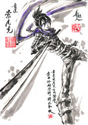 Rule 34 | 1boy, armor, artist name, black hair, boots, character name, chinese text, facial mark, fighting stance, gloves, holding, holding sword, holding weapon, jidao huashi, katana, looking at viewer, male focus, ninja, one-punch man, onsoku no sonic, ponytail, purple scarf, scarf, simple background, solo, spot color, sword, text focus, traditional media, translation request, weapon, white background