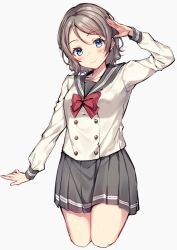 Rule 34 | 1girl, arm up, blush, bow, bowtie, breasts, closed mouth, cropped legs, grey background, grey hair, grey sailor collar, grey skirt, long sleeves, looking at viewer, love live!, love live! sunshine!!, medium breasts, miniskirt, moyui (myi 005), pleated skirt, red bow, red bowtie, sailor collar, salute, school uniform, serafuku, shirt, short hair, simple background, skirt, smile, solo, swept bangs, tareme, uranohoshi school uniform, watanabe you, white shirt