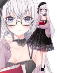 Rule 34 | 1girl, absurdres, bad id, bad pixiv id, bare shoulders, beret, black-framed eyewear, black bow, black dress, black footwear, black hat, black neckwear, black ribbon, book, bookmark, bow, breasts, cardigan, character request, cleavage, closed mouth, collarbone, copyright request, dress, full body, glasses, hat, hat ribbon, high heels, highres, huge filesize, layered dress, long hair, long sleeves, medium breasts, off shoulder, open cardigan, open clothes, purple cardigan, purple eyes, ribbon, see-through, semi-rimless eyewear, silver hair, simple background, solo, standing, touwa iyo, under-rim eyewear, very long hair, virtual youtuber, white background, zoom layer