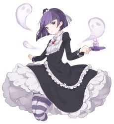 Rule 34 | 1girl, artist name, bad id, bad pixiv id, black dress, blackberry cookie, blunt bangs, blush, bob cut, bow, breasts, brooch, candle, candlestand, cookie run, cropped legs, dress, frilled dress, frills, from side, ghost, gothic lolita, hat, holding, jewelry, lolita fashion, long sleeves, looking at viewer, marin (myuy 3), mini hat, outstretched arms, pantyhose, petticoat, purple eyes, purple hair, purple pantyhose, short hair, signature, simple background, small breasts, solo, spread arms, striped clothes, striped pantyhose, white background, white pantyhose