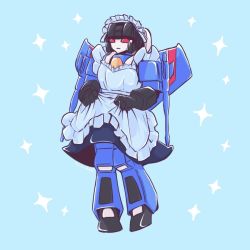 Rule 34 | 1boy, apron, arm cannon, blue background, character request, closed mouth, clothed robot, clothes lift, commentary request, decepticon, maid apron, maid headdress, mecha, red eyes, robot, science fiction, shikida 2ss, simple background, skirt, skirt lift, star (symbol), transformers, weapon