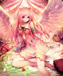 Rule 34 | 10s, 1girl, absurdres, angel, angel wings, bare shoulders, blue eyes, boots, bracelet, cherry blossoms, choker, detached sleeves, dress, hair ornament, heart, high heel boots, high heels, highres, jewelry, kirsch, long hair, petals, pink dress, pink hair, ribbon, scan, shingeki no bahamut, sitting, smile, solo, strapless, strapless dress, tachikawa mushimaro, thigh boots, thighhighs, two side up, wings, yokozuwari