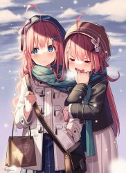 Rule 34 | 2girls, absurdres, bag, black coat, blue eyes, blue scarf, blush, brown hair, christmas, closed eyes, coat, cold, highres, holding, holding another&#039;s arm, kuri (animejpholic), long hair, multiple girls, original, scarf, snowflakes, white coat