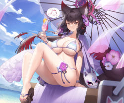 Rule 34 | 1girl, absurdres, animal ear fluff, animal ears, arm support, bare legs, beach, bead bracelet, beads, bikini, blue archive, blue sky, bracelet, breasts, brown hair, brown tail, cleavage, closed mouth, cloud, cup, day, drink, dutch angle, floating hair, floral print, flower, fox ears, fox girl, fox mask, fox tail, from below, full body, halo, heart, highres, holding, holding cup, holding drink, jewelry, large breasts, legs, linea alba, long hair, looking at viewer, mask, morung, multicolored hair, ocean, outdoors, parasol, pink flower, platform footwear, red hair, sandals, shawl, sidelocks, sitting, skindentation, sky, smile, solo, speech bubble, spoken heart, streaked hair, swimsuit, tail, thigh strap, thighs, toes, tropical drink, umbrella, wakamo (blue archive), wakamo (swimsuit) (blue archive), wet, white bikini, yellow eyes