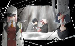 Rule 34 | 10s, 1boy, 1girl, absurdres, black cloak, black hair, blue eyes, cloak, coat, colored sclera, colored skin, couple, darling in the franxx, closed eyes, fur trim, green eyes, grey coat, holding hands, hand on own chest, hat, highres, hiro (darling in the franxx), hood, hooded cloak, horns, koki 1009, long hair, looking at another, military, military uniform, necktie, oni horns, open clothes, open coat, orange neckwear, parka, peaked cap, pink hair, red horns, red neckwear, red pupils, red sclera, red skin, seiza, short hair, sitting, snow, spoilers, uniform, upside-down, white coat, winter clothes, winter coat, aged down, zero two (darling in the franxx)