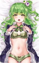 Rule 34 | 1girl, absurdres, blush, bow, bowtie, bra, breasts, breasts day, commentary request, eyeball hair ornament, fake nails, green bow, green bowtie, green bra, green eyes, green hair, green panties, highres, jacket, long hair, looking at viewer, loose neckwear, multicolored nails, nail polish, navel, no pants, open clothes, open jacket, open mouth, open shirt, original, osanai (shashaki), panties, school uniform, sharp teeth, shashaki, shirt, side ponytail, solo, striped bra, striped clothes, striped panties, teeth, thick eyebrows, underwear, white shirt