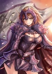 Rule 34 | 1girl, armor, armored dress, blonde hair, breasts, cape, chain, cleavage, cowboy shot, fate/grand order, fate (series), flag, fur, gauntlets, headpiece, jeanne d&#039;arc (fate), jeanne d&#039;arc alter (avenger) (fate), jeanne d&#039;arc alter (avenger) (first ascension) (fate), jeanne d&#039;arc alter (fate), large breasts, long hair, parted lips, solo, sumapan, yellow eyes