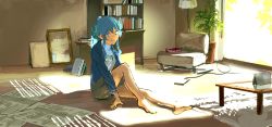 Rule 34 | 1girl, alternate costume, arm support, barefoot, blue eyes, blue hair, blue jacket, book, bookshelf, brown skirt, chair, closed mouth, coffee table, commentary, curtains, day, floor lamp, fujibejifu, full body, gotland (kancolle), hair between eyes, hair bun, indoors, jacket, kantai collection, long sleeves, looking at viewer, mole, mole under eye, painting (action), paper, picture frame, plant, potted plant, rug, shadow, sidelocks, single hair bun, sitting, skirt, smile, solo, table, tree, turtleneck, wall, window, wooden floor