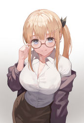 Rule 34 | 1girl, :q, absurdres, blonde hair, blue eyes, breasts, brown skirt, cleavage, closed mouth, collarbone, contrapposto, cowboy shot, glasses, hair ornament, hairclip, hand up, highres, large breasts, light blush, long hair, looking at viewer, off shoulder, one side up, original, shirt, simple background, skirt, solo, tanchobee, tongue, tongue out, white background, white shirt