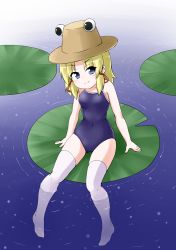 Rule 34 | 1girl, arm support, blonde hair, blue eyes, blue one-piece swimsuit, blush, breasts, brown hat, closed mouth, competition school swimsuit, covered navel, facing viewer, full body, gluteal fold, hair ribbon, hat, head tilt, hip focus, in water, kousei (public planet), light smile, lily pad, looking at viewer, moriya suwako, one-piece swimsuit, parted bangs, red ribbon, ribbon, ripples, school swimsuit, short hair, sidelocks, sitting, small breasts, smile, soaking feet, solo, spread legs, swimsuit, thighhighs, touhou, tress ribbon, water, white thighhighs