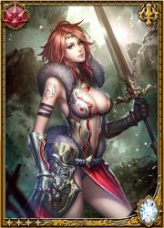 Rule 34 | 1girl, armband, armor, armpits, artist request, belt, bird, border, breasts, brown eyes, brown hair, card (medium), center opening, cleavage cutout, clothing cutout, cowboy shot, fantasy, faulds, fishnets, from side, fur trim, gauntlets, gloves, headband, holding, holding weapon, large breasts, leotard, light smile, lionessa the beast goddess, lips, long hair, looking at viewer, magnus ignis, navel, official art, orange eyes, orange hair, outdoors, red skirt, rock, side slit, skirt, smile, solo, standing, sword, tattoo, thighs, weapon