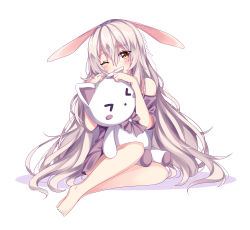 Rule 34 | absurdres, animal ears, artist name, bare shoulders, barefoot, blush, borrowed character, commentary, covered mouth, ears down, hair between eyes, helen phan, highres, holding, holding stuffed toy, long hair, no legwear, one eye closed, orange eyes, purple shirt, rabbit ears, shirt, short sleeves, signature, simple background, sitting, solo, stuffed animal, stuffed toy, very long hair, white background, white hair