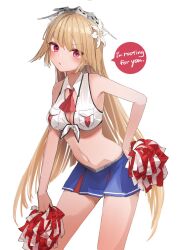 Rule 34 | 1girl, adapted costume, armpits, ascot, bare shoulders, blonde hair, blue skirt, blush, breast pocket, breasts, brooklyn (kancolle), cheerleader, cowboy shot, crop top, flower, hair flower, hair ornament, highres, holding, holding pom poms, kantai collection, large breasts, long hair, looking at viewer, midriff, miniskirt, navel, pleated skirt, pocket, pom pom (cheerleading), pom poms, red ascot, red eyes, shirt, skirt, sleeveless, smile, solo, white background, white flower, yamashichi (mtseven)