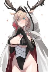 Rule 34 | 1girl, adapted costume, animal ears, antlers, arknights, black gloves, blonde hair, blue eyes, blush, breasts, cape, commentary, cowboy shot, deer ears, gloves, groin, hair between eyes, highres, hood, hooded cape, horn/wood, horns, large breasts, long hair, own hands together, simple background, solo, standing, viviana (arknights), white background, white cape